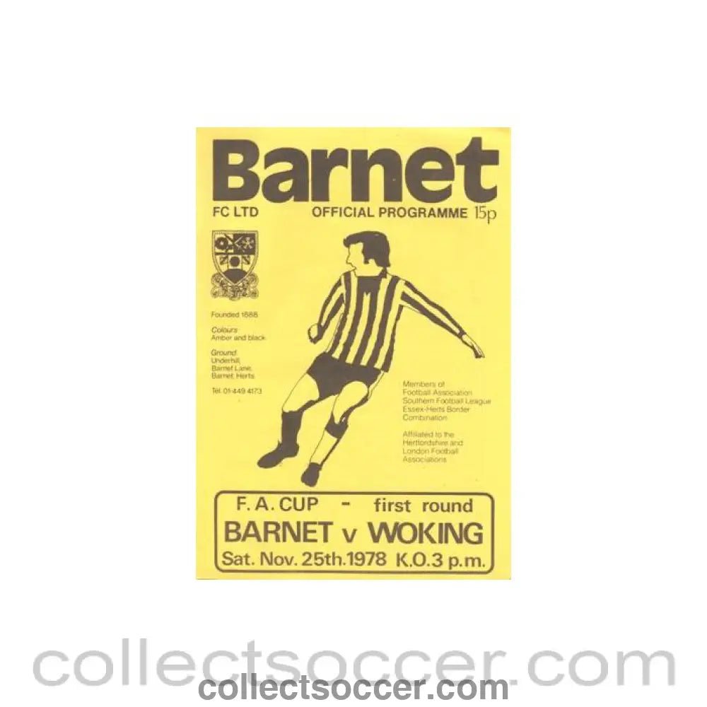 1978 - Barnet v Woking official programme 25/11/1978 F.A. Cup - Collect Soccer