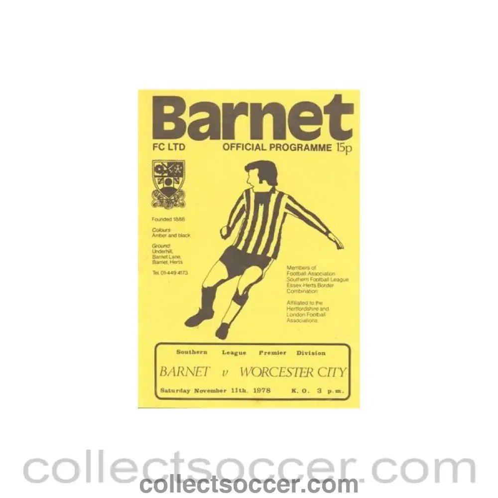 1978 - Barnet v Worcester City official programme 11/11/1978 Southern League Premier Division - Collect Soccer
