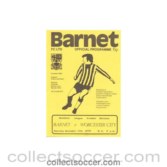 1978 - Barnet v Worcester City official programme 11/11/1978 Southern League Premier Division