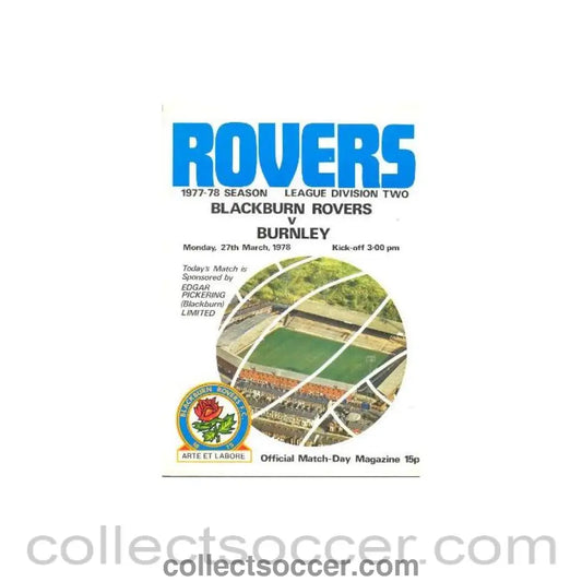 1978 - Blackburn Rovers v Burnley official programme 27/03/1978