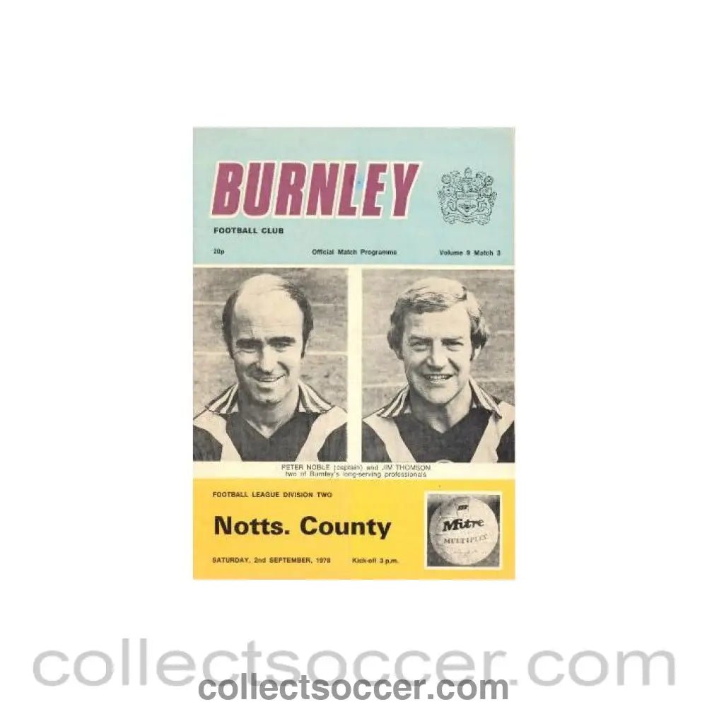 1978 - Burnley v Notts County official programme 02/09/1978 - Collect Soccer
