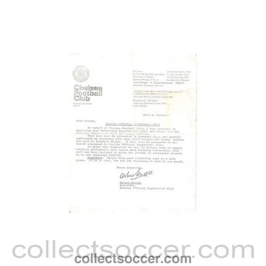 1978 - Chelsea FC letter to a member of the Chelsea Official Supporters’ Club of season 1978-1979
