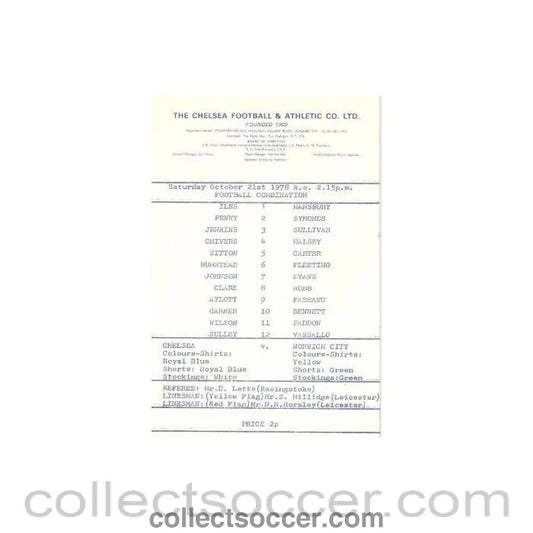 1978 - Chelsea Reserves v Norwich City Reserves official programme 21/10/1978 - Collect Soccer