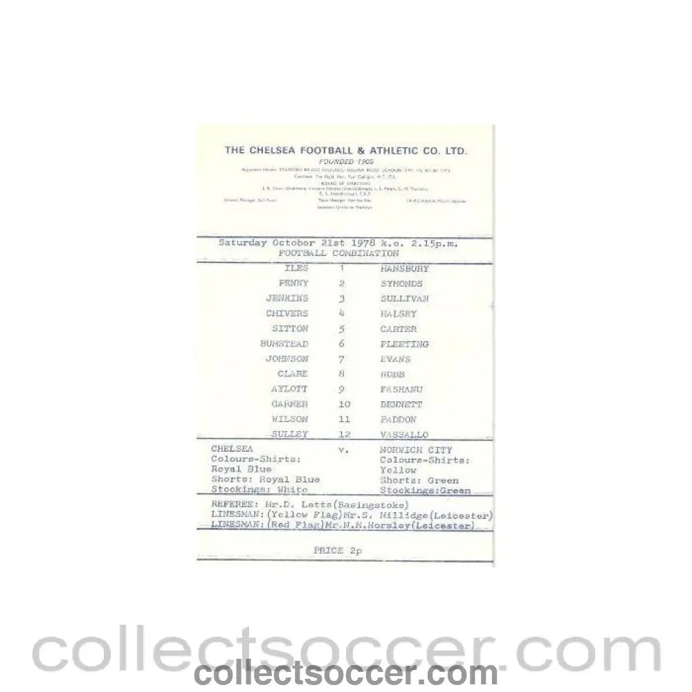 1978 - Chelsea Reserves v Norwich City Reserves official programme 21/10/1978 - Collect Soccer