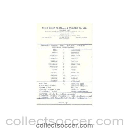 1978 - Chelsea Reserves v Norwich City Reserves official programme 21/10/1978 - Collect Soccer