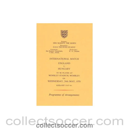 1978 England v Hungary programme of arrangements Royal Box