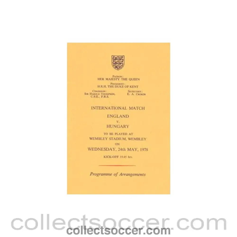 1978 England v Hungary programme of arrangements Royal Box - Collect Soccer