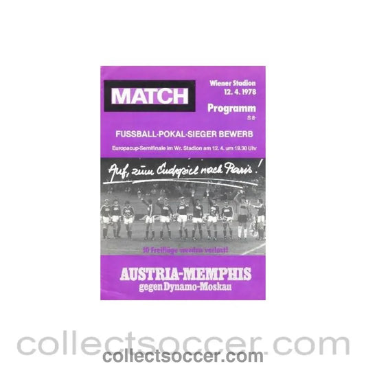 1978 European Cup Winners Cup Semi - Final Austria Memphis v Dynamo Moscow official programme - Collect Soccer