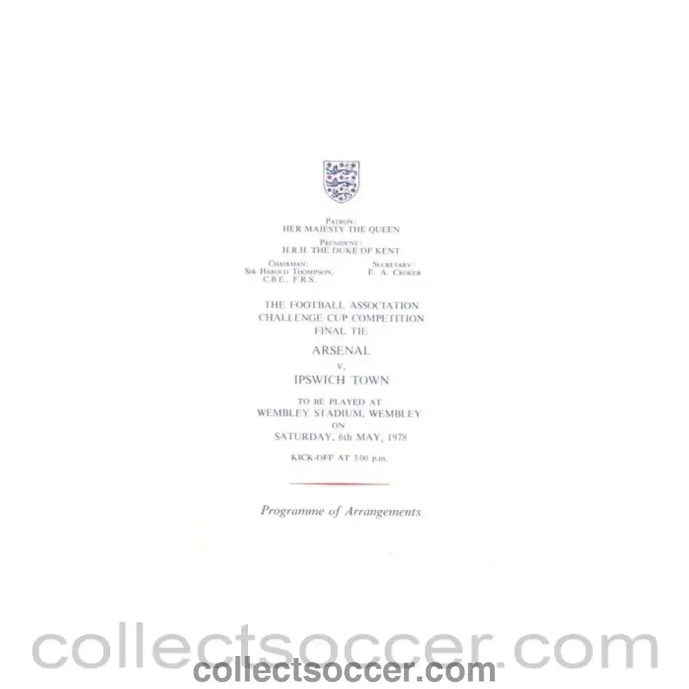 1978 F.A. Cup Final programme of arrangements Royal Box - Collect Soccer