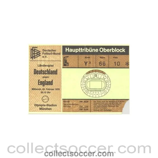 1978 - Germany v England ticket 22/02/1978 with a letter for delivering - Collect Soccer