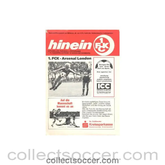 1978 - Kaiserslautern v Arsenal official programme 26/07/1978