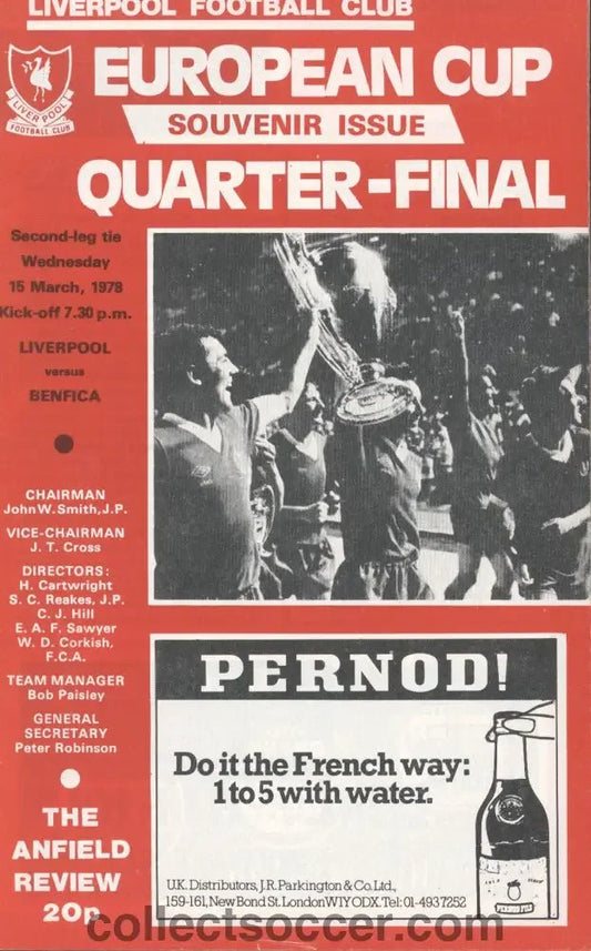 1978 - Liverpool v Benfica official programme 15/03/1978 European Cup Quarter Final - Collect Soccer