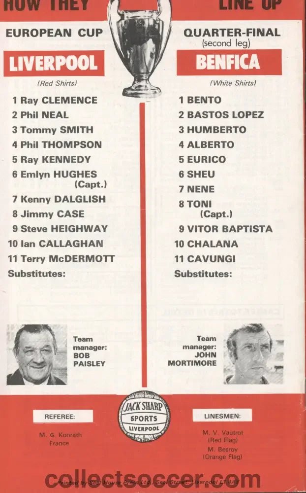 1978 - Liverpool v Benfica official programme 15/03/1978 European Cup Quarter Final - Collect Soccer