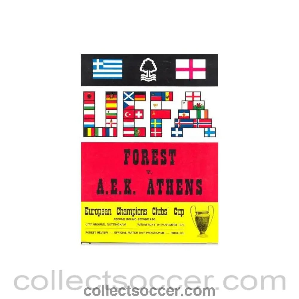 1978 - Nottingham Forest v AEK Athens official programme 01/11/1978 European Cup - Collect Soccer