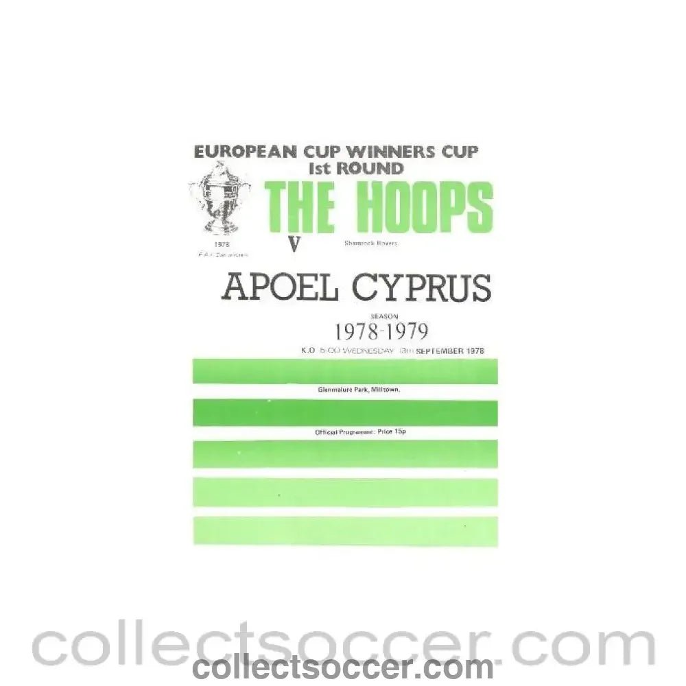 1978 - Shamrock Rovers v Apoel Cyprus official programme 13/09/1978 European Cup Winners Cup - Collect Soccer