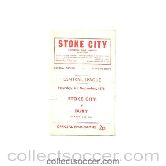 1978 - Stoke City v Bury official programme 09/09/1978 Central League - Collect Soccer