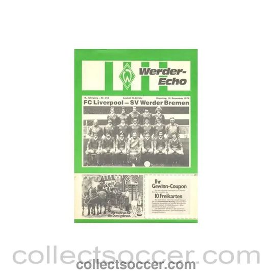 1978 - Werder Bremen v Liverpool official programme 12/12/1978 - Collect Soccer