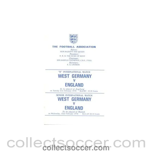 1978 West Germany v England programme of arrangements Royal Box mint