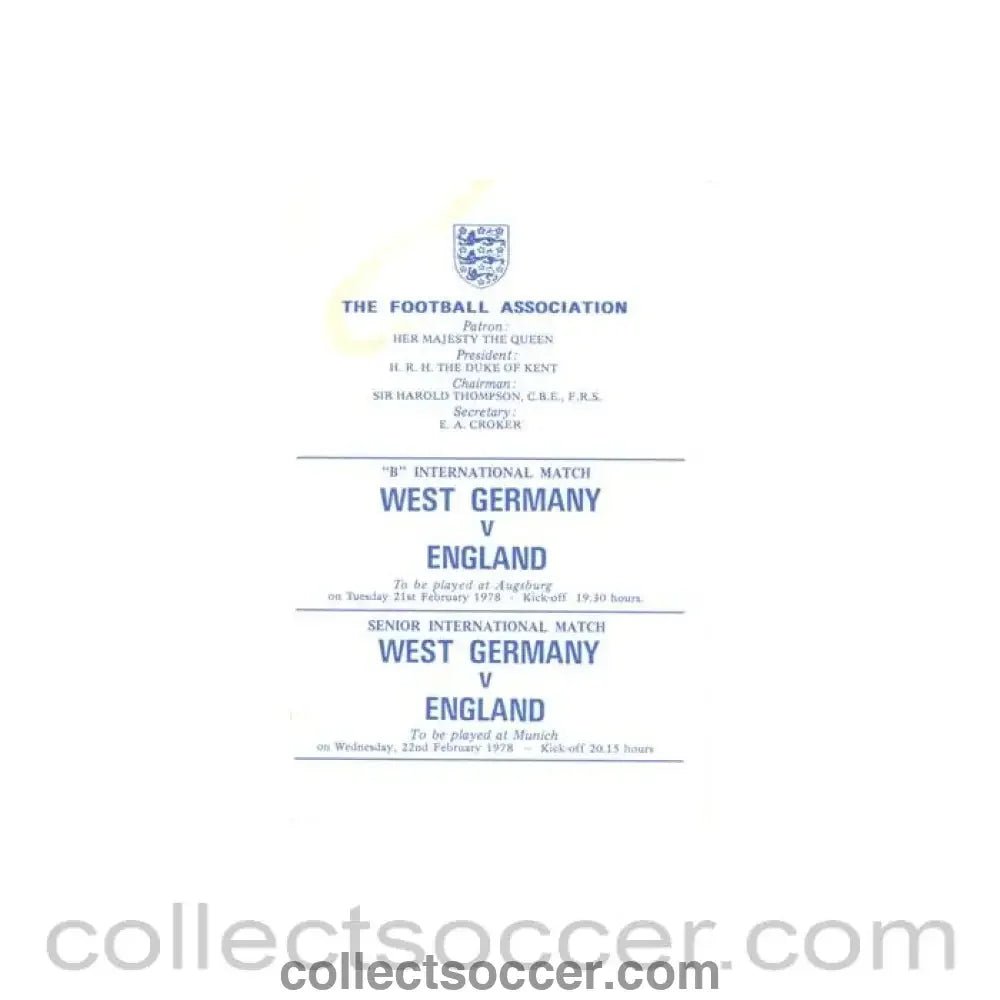 1978 West Germany v England programme of arrangements Royal Box, very good condition - Collect Soccer