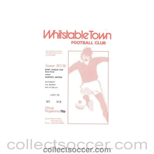 1978 - Whitstable v Sheppey United official programme 11/03/1978 Kent League Cup - Collect Soccer