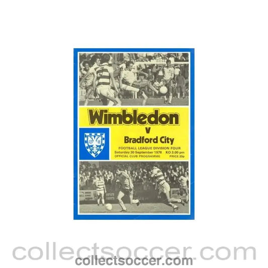 1978 - Wimbledon v Bradford City official programme 30/09/1978 - Collect Soccer