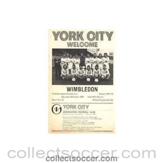 1978 - York City v Wimbledon official programme 15/04/1978 - Collect Soccer
