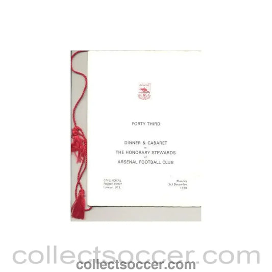 1979 - Arsenal Dinner & Cabaret Menu in Memoriam Fred Kichenside 03/12/1979