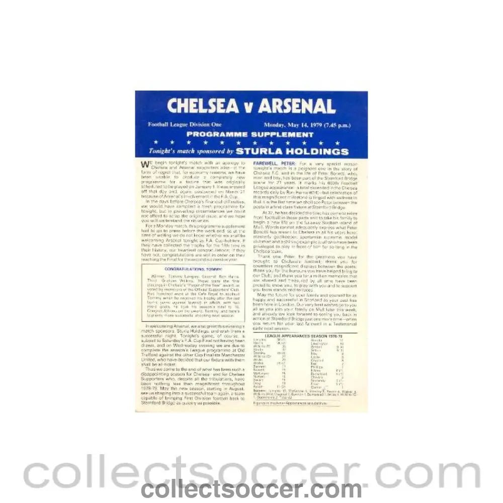 1979 - Chelsea v Arsenal official programme 14/05/1979 - Collect Soccer