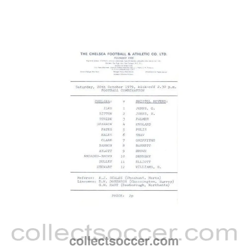 1979 - Chelsea v Bristol Rovers official programme 20/10/1979 Reserves - Collect Soccer