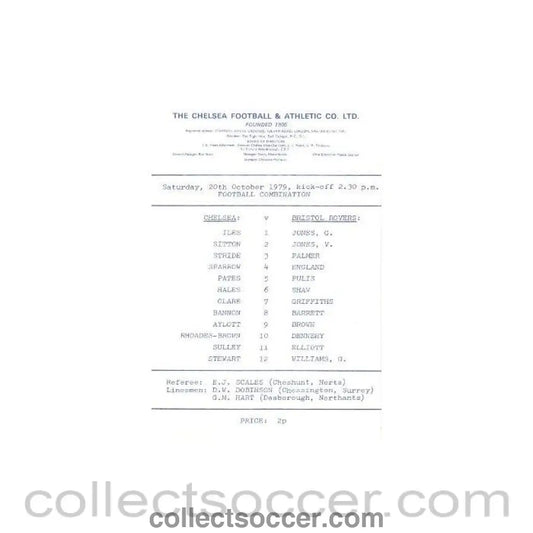 1979 - Chelsea v Bristol Rovers official programme 20/10/1979 Reserves