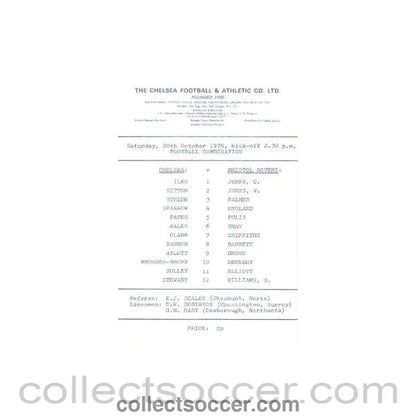 1979 - Chelsea v Bristol Rovers official programme 20/10/1979 Reserves - Collect Soccer
