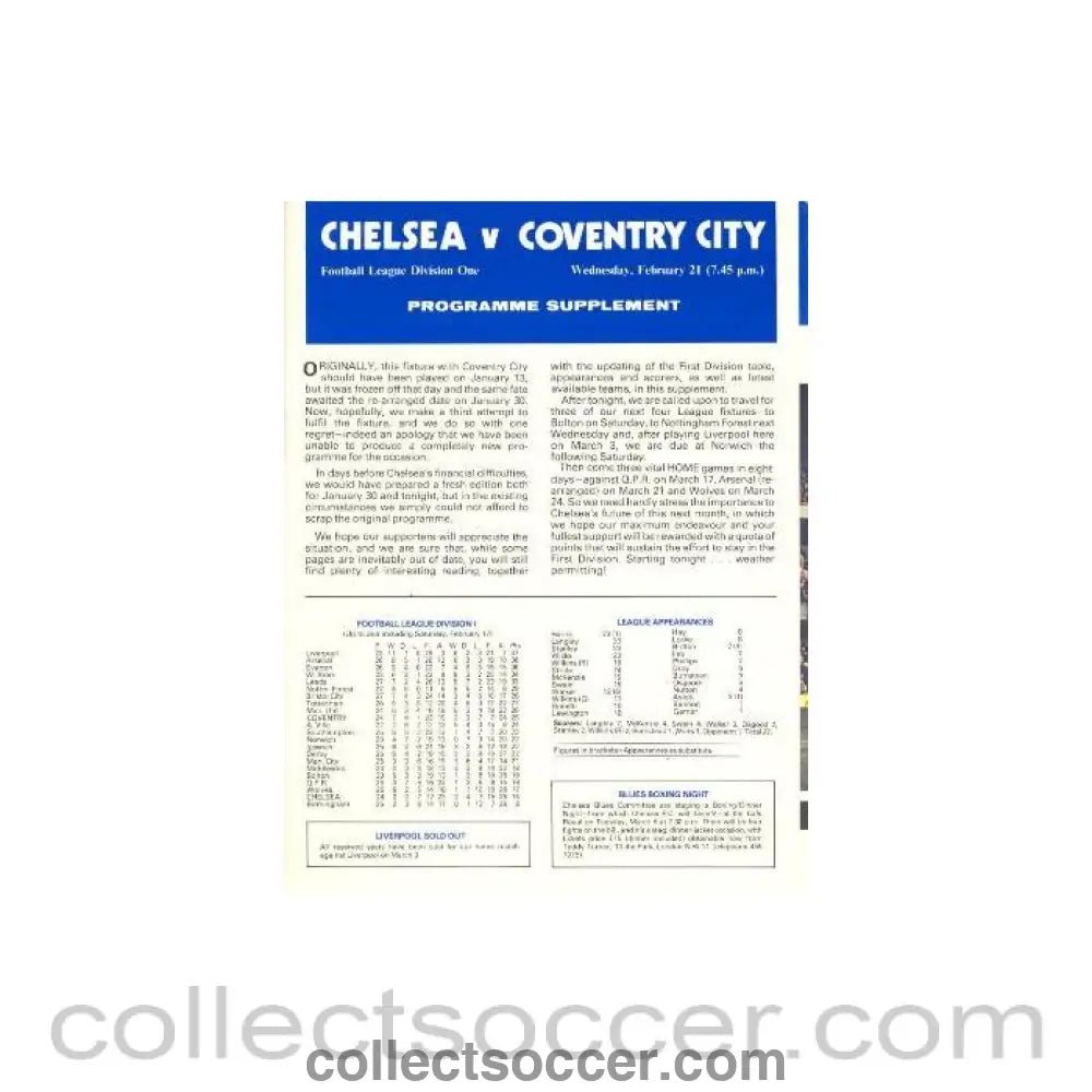 1979 - Chelsea v Coventry City official programme 21/02/1979 - Collect Soccer