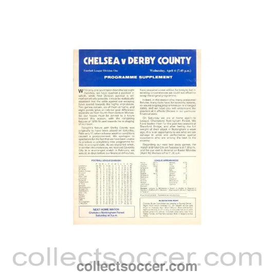 1979 - Chelsea v Derby County official programme 04/04/1979