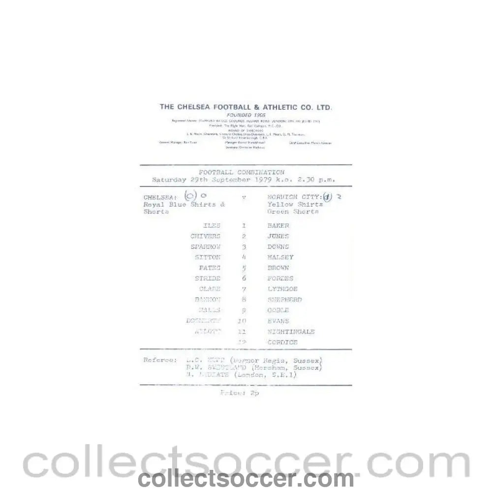 1979 - Chelsea v Norwich City official programme 29/09/1979 Reserves - Collect Soccer