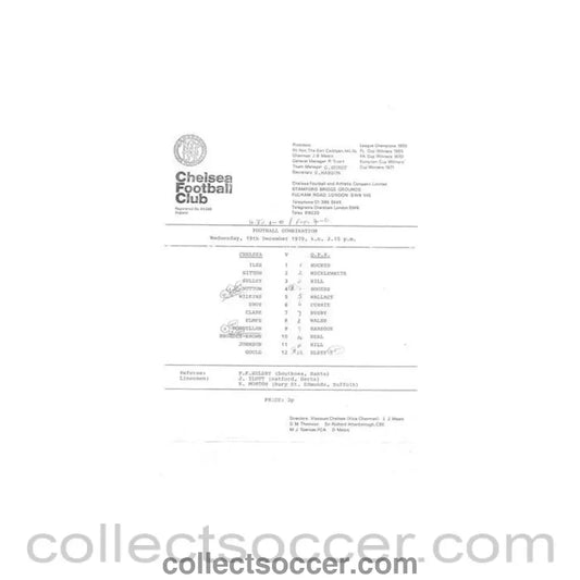 1979 - Chelsea v Queen's Park Rangers Reserves official teamsheet 19/12/1979 Football Combination - Collect Soccer