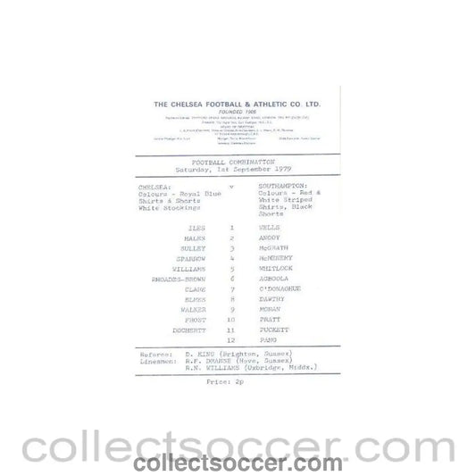 1979 - Chelsea v Southampton official programme 01/09/1979 Reserves