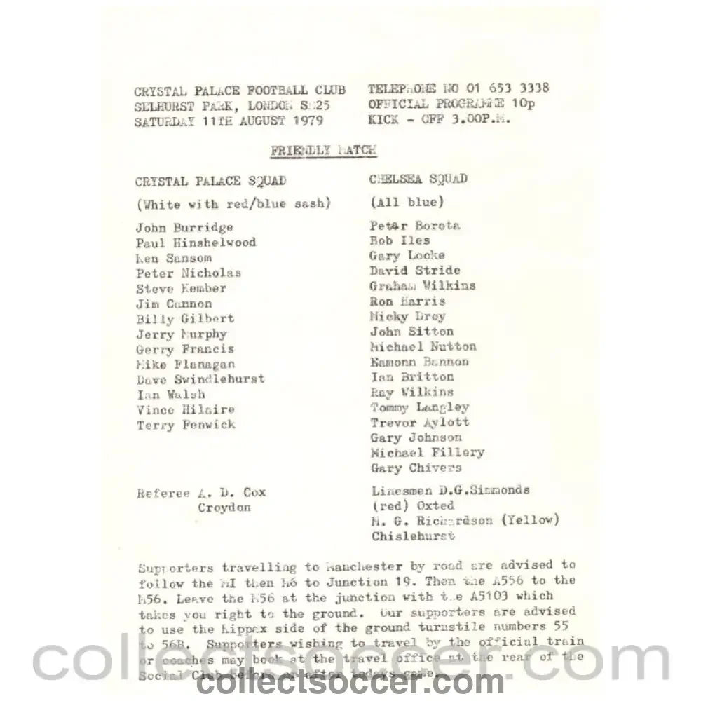 1979 - Crystal Palace v Chelsea Football programme 11/08/1979 Friendly Match - Collect Soccer