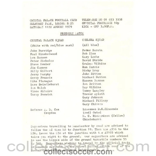 1979 - Crystal Palace v Chelsea Football programme 11/08/1979 Friendly Match