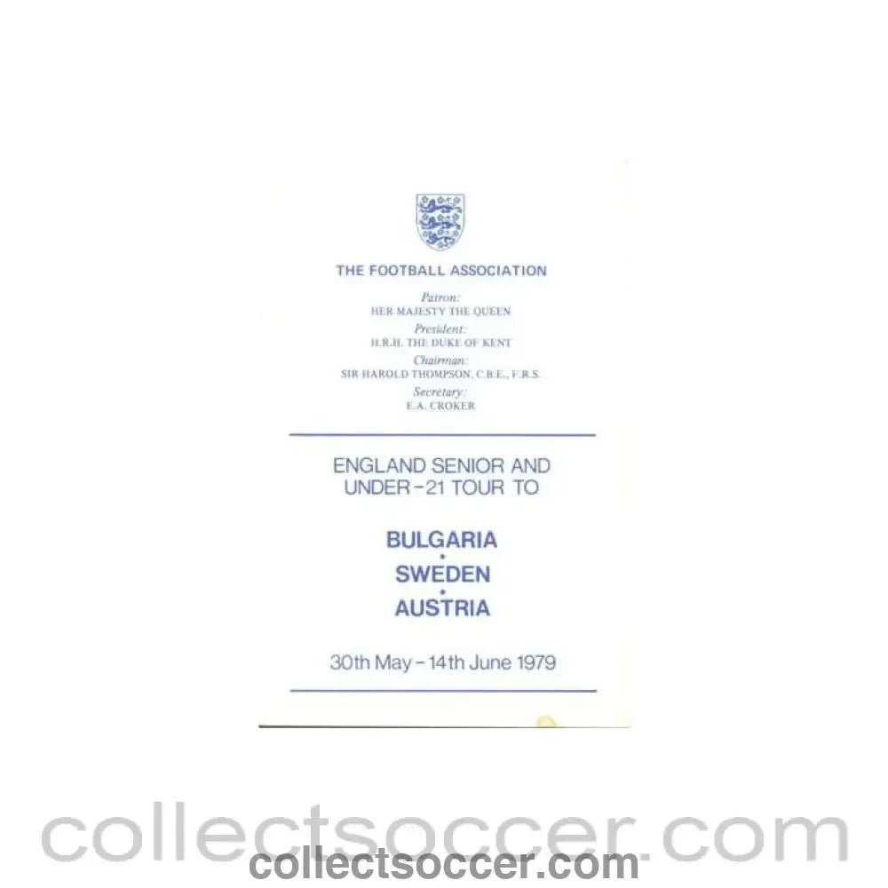 1979 England Senior & U21 Tour to Bulgaria, Sweden and Austria programme of arrangements Royal Box - Collect Soccer