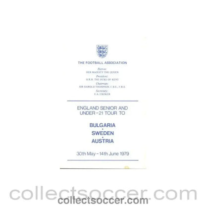 1979 England Senior & U21 Tour to Bulgaria, Sweden and Austria programme of arrangements Royal Box - Collect Soccer