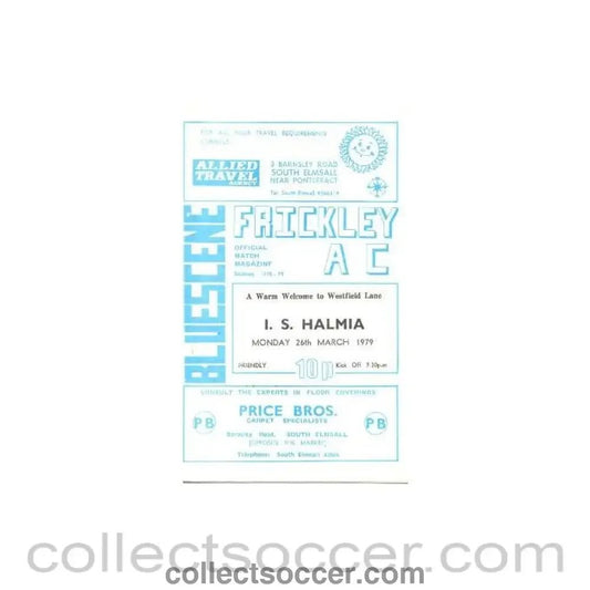1979 - Frickley Athletic v Halmia Sweden official programme 26/03/1979 Friendly - Collect Soccer