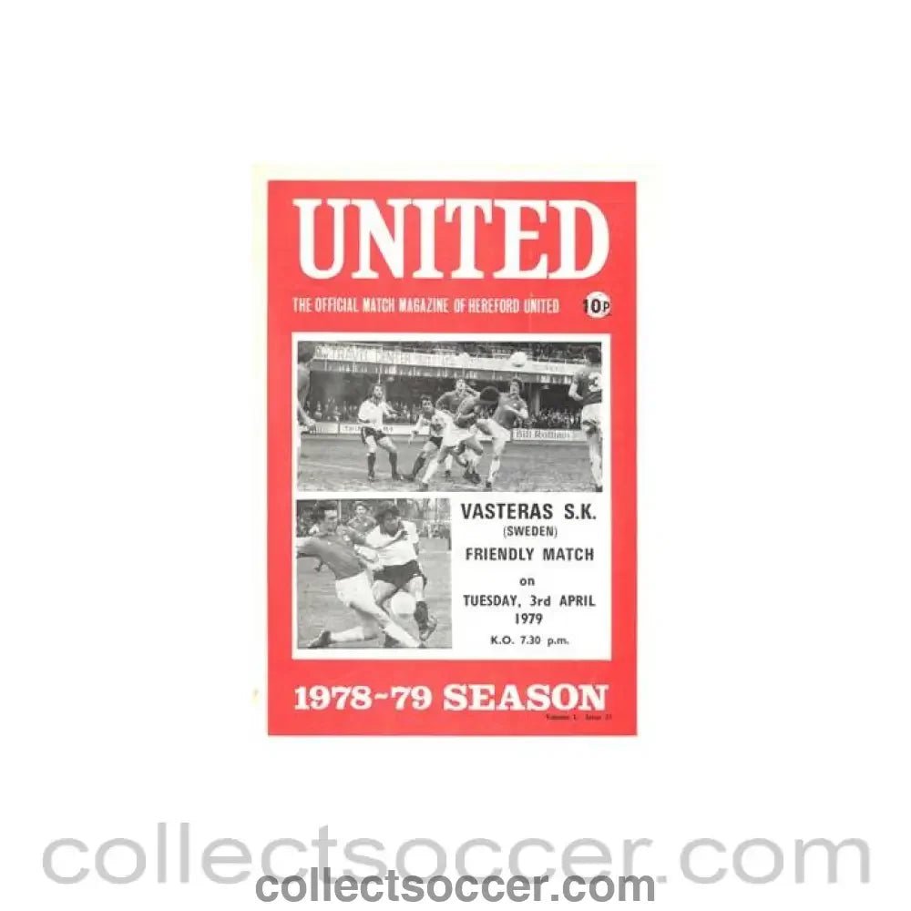 1979 - Hereford United v Vasteras Sweden official programme 03/04/1979 Friendly Match - Collect Soccer