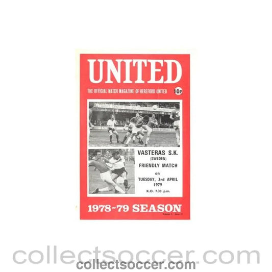 1979 - Hereford United v Vasteras Sweden official programme 03/04/1979 Friendly Match - Collect Soccer