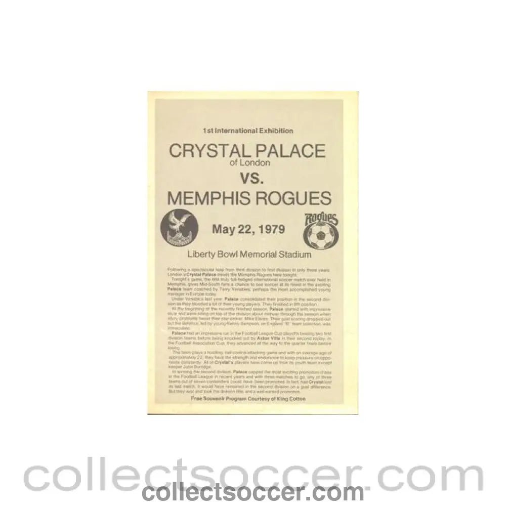1979 - In the USA - Memphis Rogues v Crystal Palace official programme 22/05/1979 - Collect Soccer