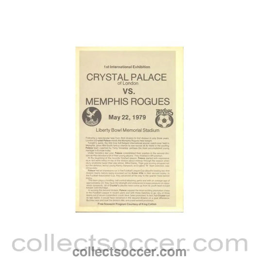 1979 - In the USA - Memphis Rogues v Crystal Palace official programme 22/05/1979 - Collect Soccer