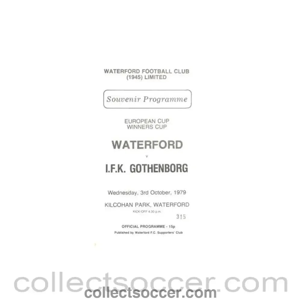 1979 - Waterford v Gothenborg official programme 03/10/1979 European Cup Winners Cup - Collect Soccer