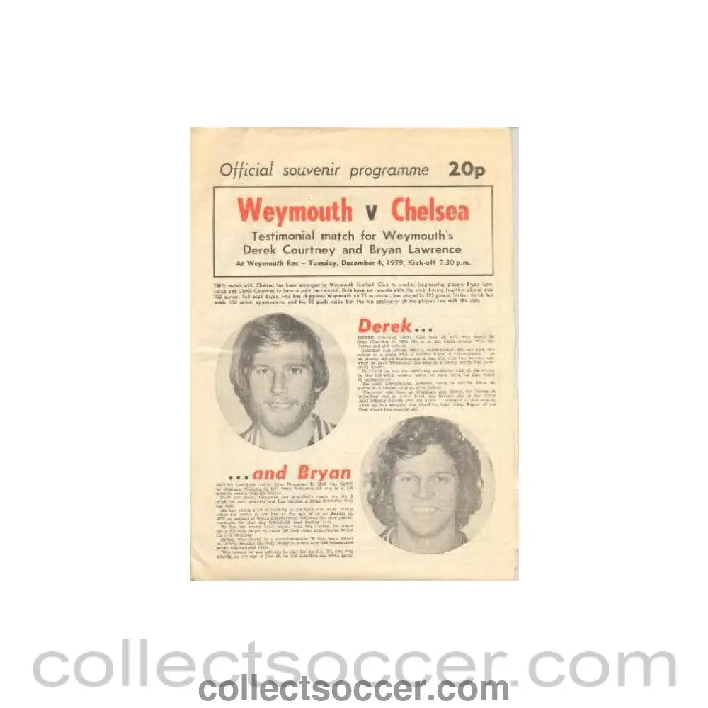1979 - Weymouth v Chelsea official programme 04/12/1979 Testimonial match for Weymouth’s Derek Courtney and Bryan