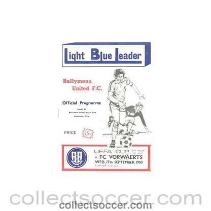 1980 - Ballymena United v Vorwarts Germany official programme 17/09/1980 UEFA Cup - Collect Soccer