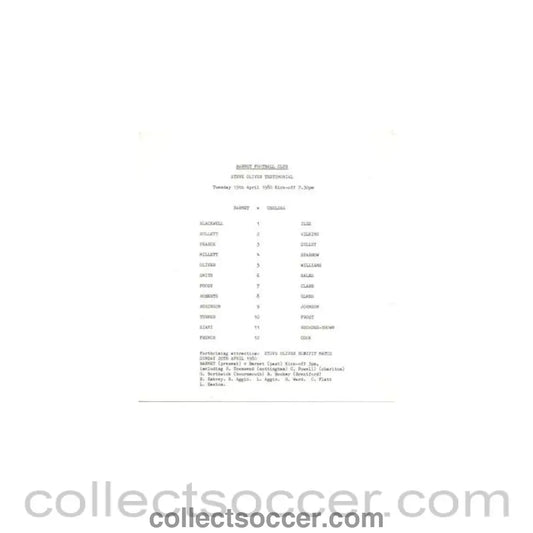 1980 - Barnet v Chelsea official teamsheet 15/04/1980 Steve Oliver Testimonial Match - Collect Soccer