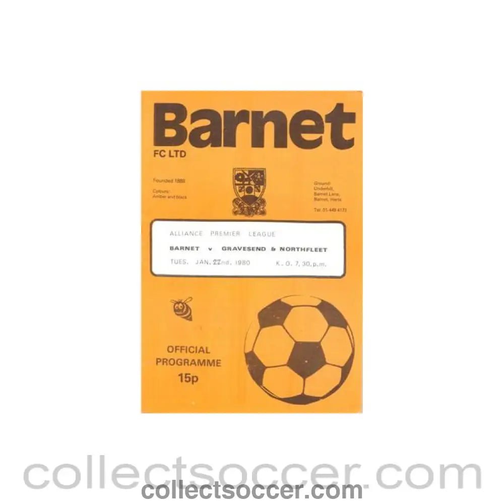 1980 - Barnet v Gravesend & Northfleet official programme 22/01/1980 Alliance Premier League - Collect Soccer
